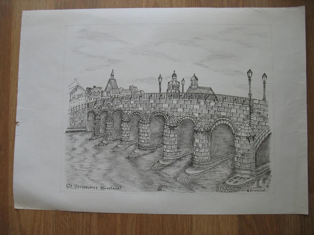 Tekening Grote Prent St. Servaasbrug- Maastricht, Ophalen of Verzenden
