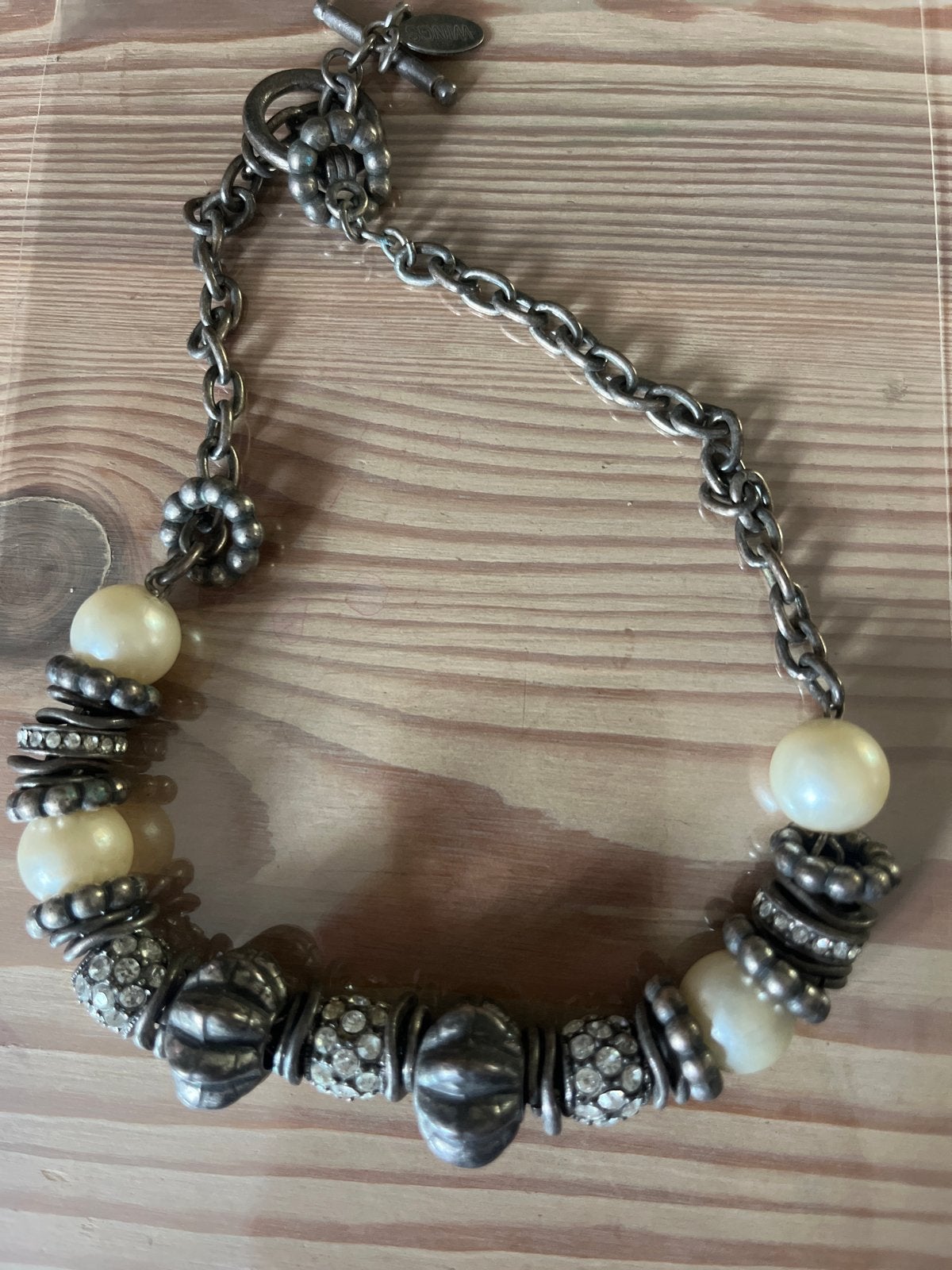 Wings ketting met parels en strass, Overige materialen, Gebruikt, Ophalen of Verzenden, Zilver