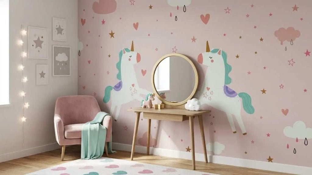 Eenhoorn behang kinderkamer – roze wolken op maat, Overige merken, 75 m² of meer, Modern, Ophalen of Verzenden
