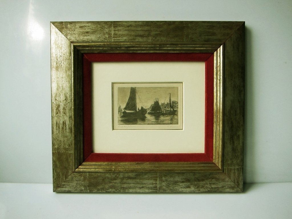 Ets/ gravure "Langs het IJselmeer" Louis Landré (1875-1952), Ets, Ophalen of Verzenden, Met tekst, Landschap