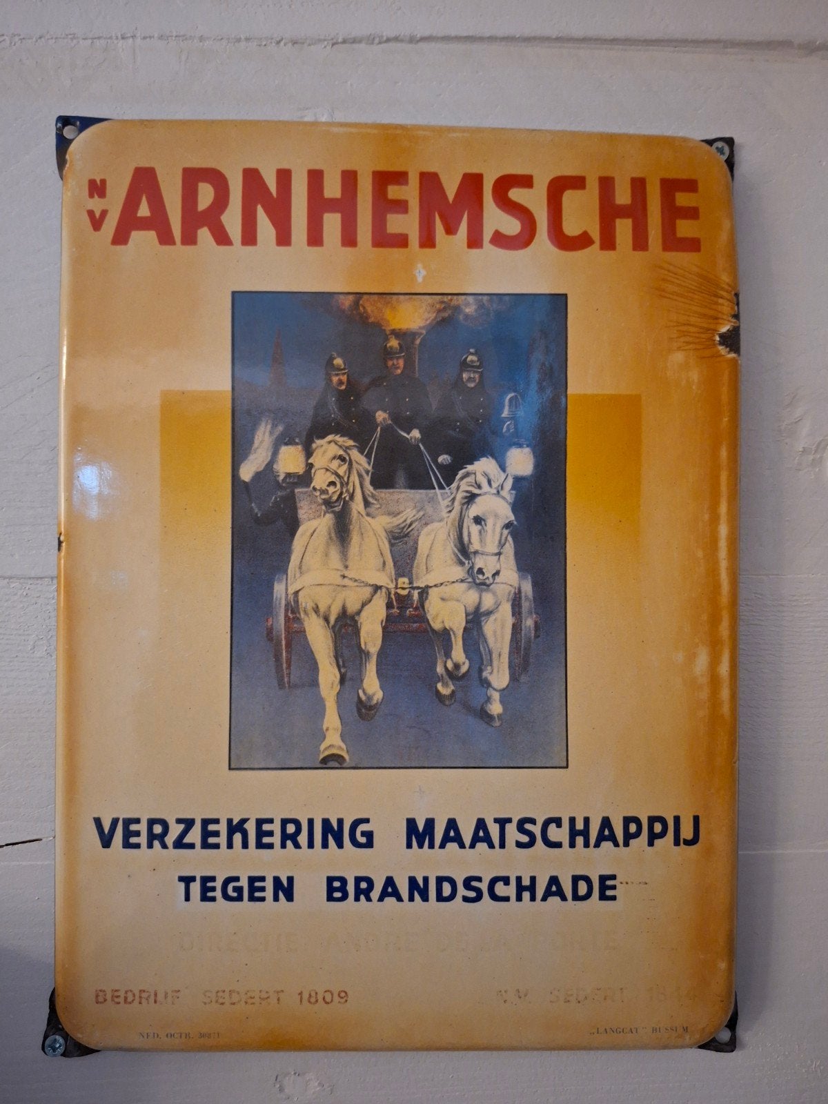 emaille reclamebord Arnhemse verzekering maatschappij, Ophalen of Verzenden, Gebruikt, Reclamebord