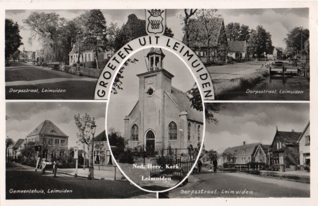 Leimuiden, groeten uit met vijf dorpsgezichten. 6675, Verzamelen, Verzenden, 1940 tot 1960, Ongelopen, Zuid-Holland