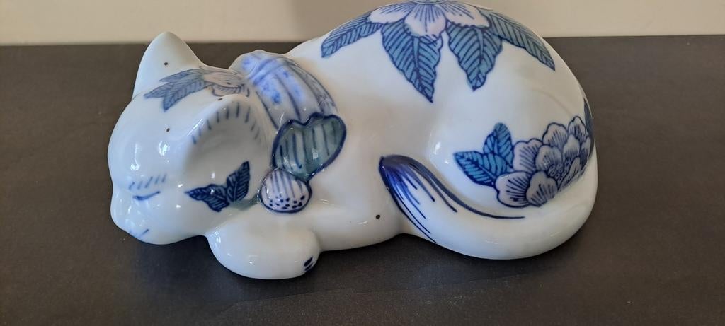 Porseleinen kat beeldje, blauw-wit, Ophalen of Verzenden
