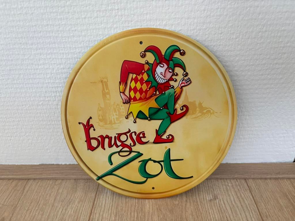 Prachtig vintage rond reclamebord Brugse Zot (20x20), Verzamelen, Ophalen of Verzenden, Zo goed als nieuw, Reclamebord