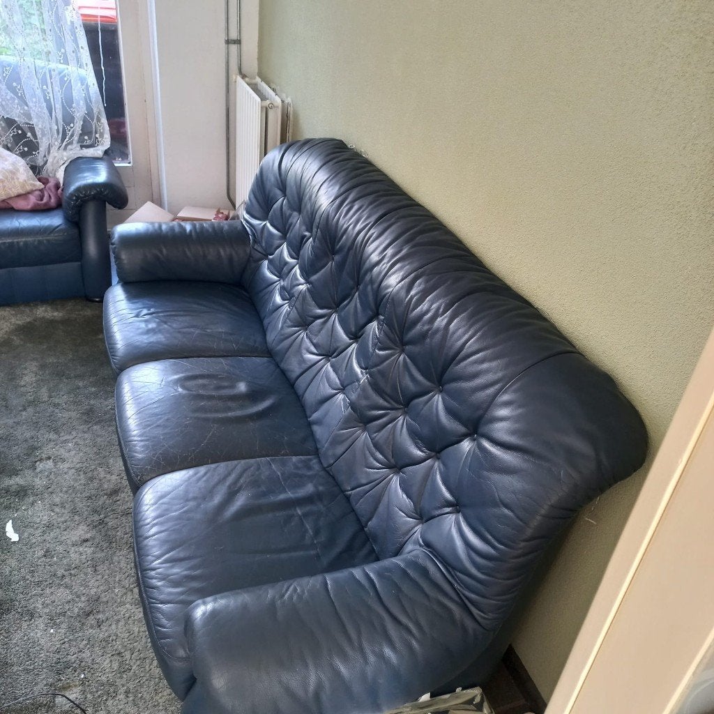Vintage Blauwe Leren Bank, Ophalen, Vintage Koel Blauwe Leren Bank, Gebruikt, 150 tot 200 cm