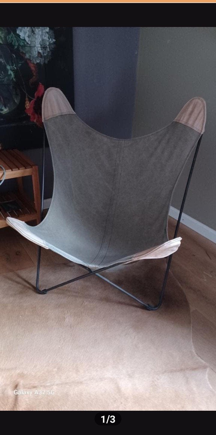 Vlinderstoel canvas/leer, Huis en Inrichting, Stoelen, Zo goed als nieuw, Eén, Leer, Overige kleuren, Ophalen