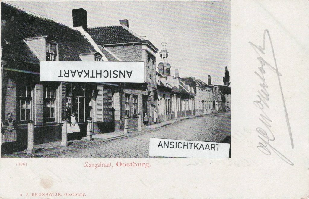 Ansichtkaart Oostburg - Langstraat - winkel, Ophalen of Verzenden, Voor 1920, Gelopen, Zeeland