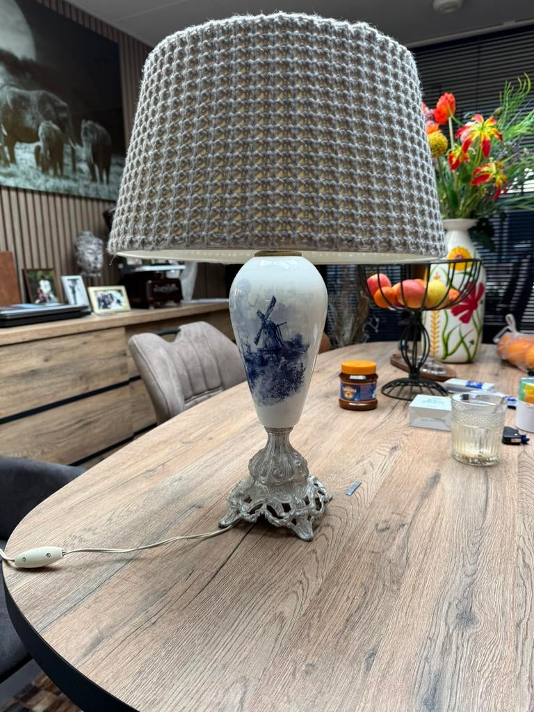 Delf blauwe molen schemerlamp, Huis en Inrichting, Lampen | Lampenkappen, Ophalen of Verzenden, Zo goed als nieuw, Rond