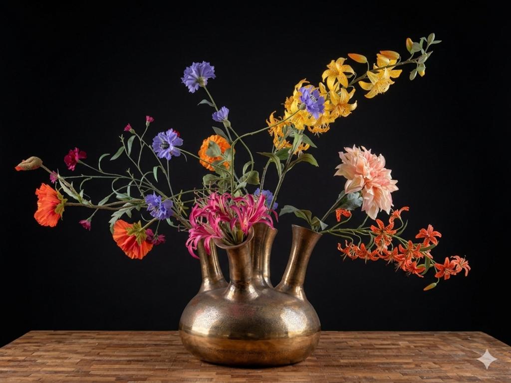 Prachtige kunstbloemen in gouden vaas, Ophalen, Kunstbloem, Zo goed als nieuw, Inclusief kunstbloemen