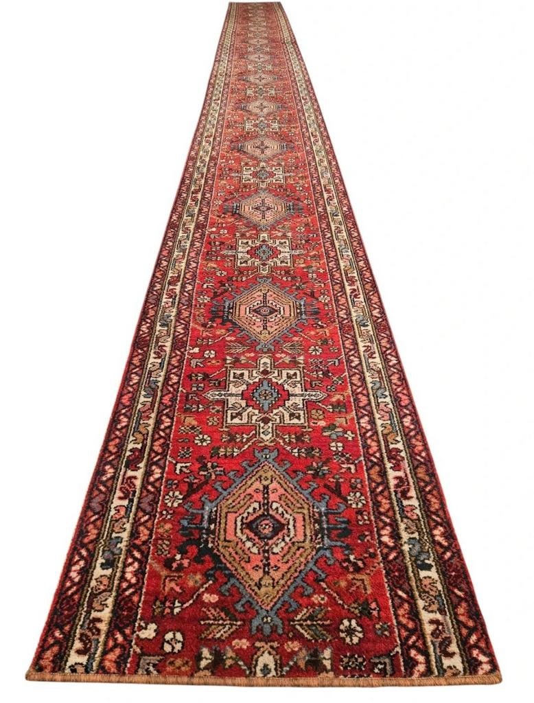 Vintage oosters wol Karaja vloerkleed loper floral 68x758cm, Crème, Gebruikt, Onbekend, 200 cm of meer