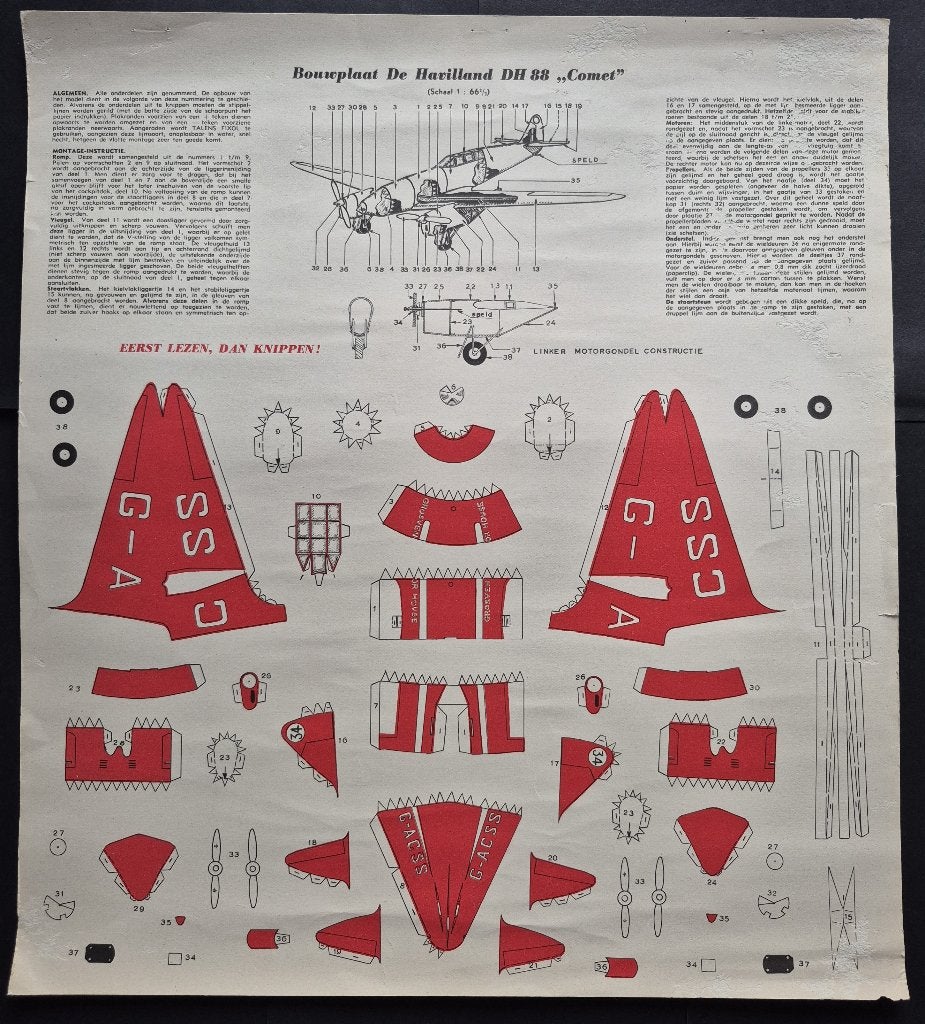 Oude bouwplaat van De Havilland DH88 “Comet” (K1253), Verzamelen, Ophalen of Verzenden, Gebruikt, Schaalmodel