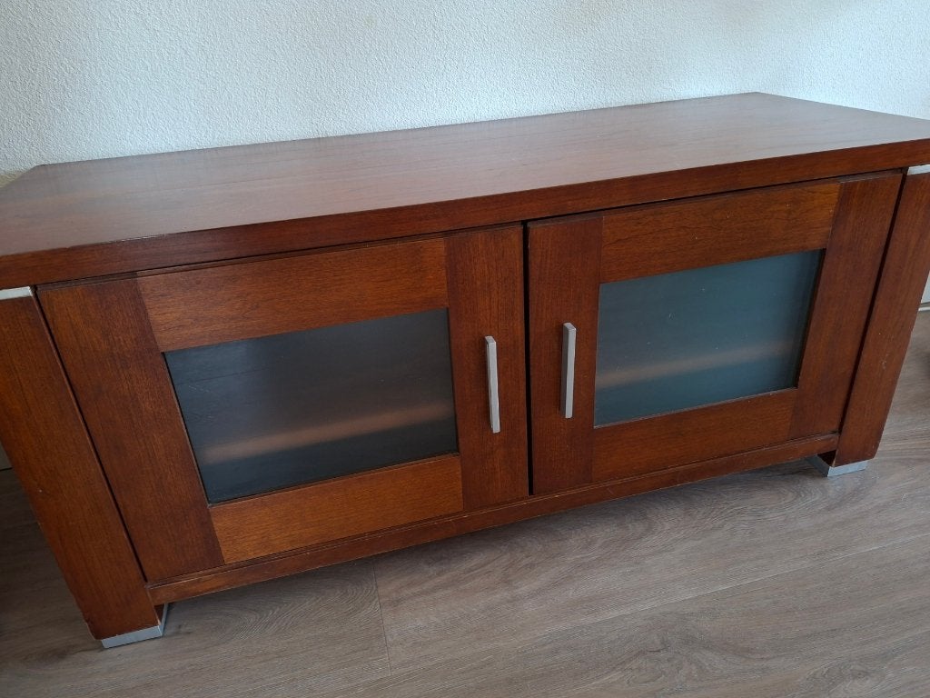 TV kastje in kersenkleur, Ophalen, Glas, Gebruikt, 100 tot 150 cm
