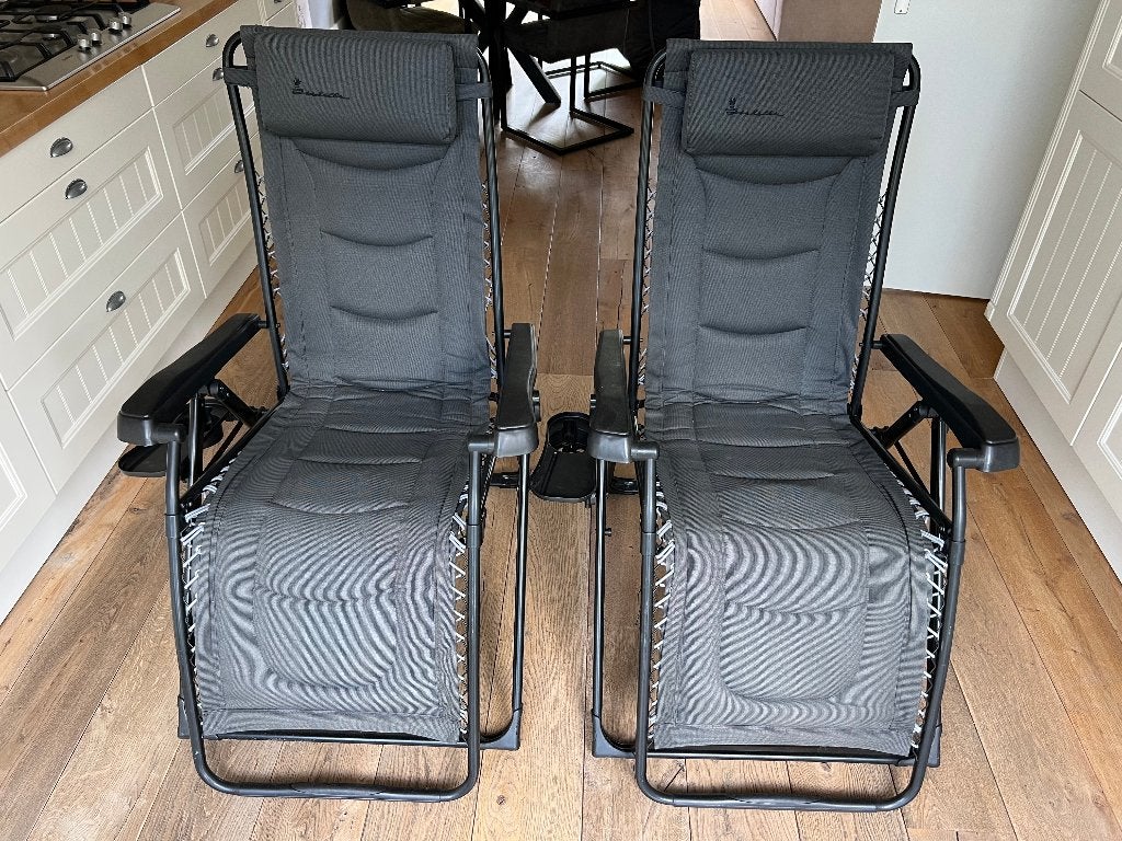 2x Luxe Isabella Freja Relax/ligstoelen - Dark Grey, Ophalen, Zo goed als nieuw, Campingstoel
