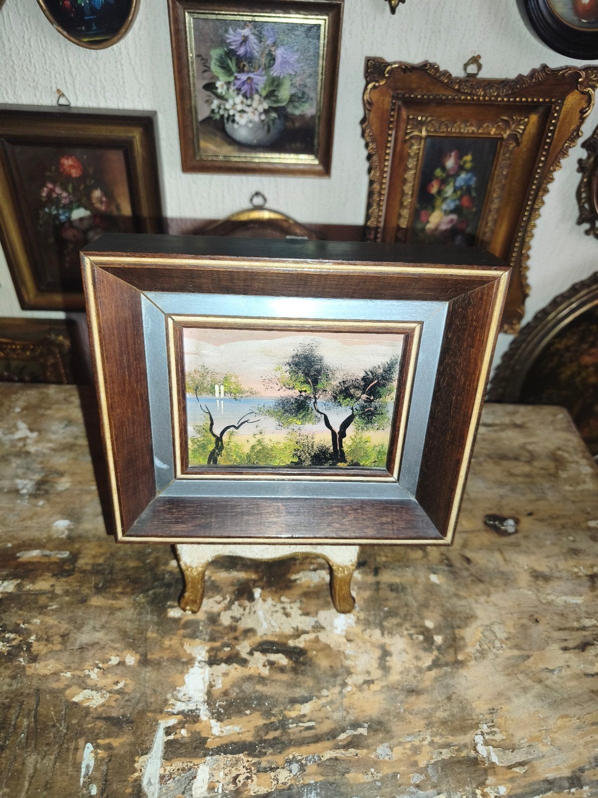 oud schilderijtje schilderij lijst stilleven bloemen Y75, Ophalen of Verzenden