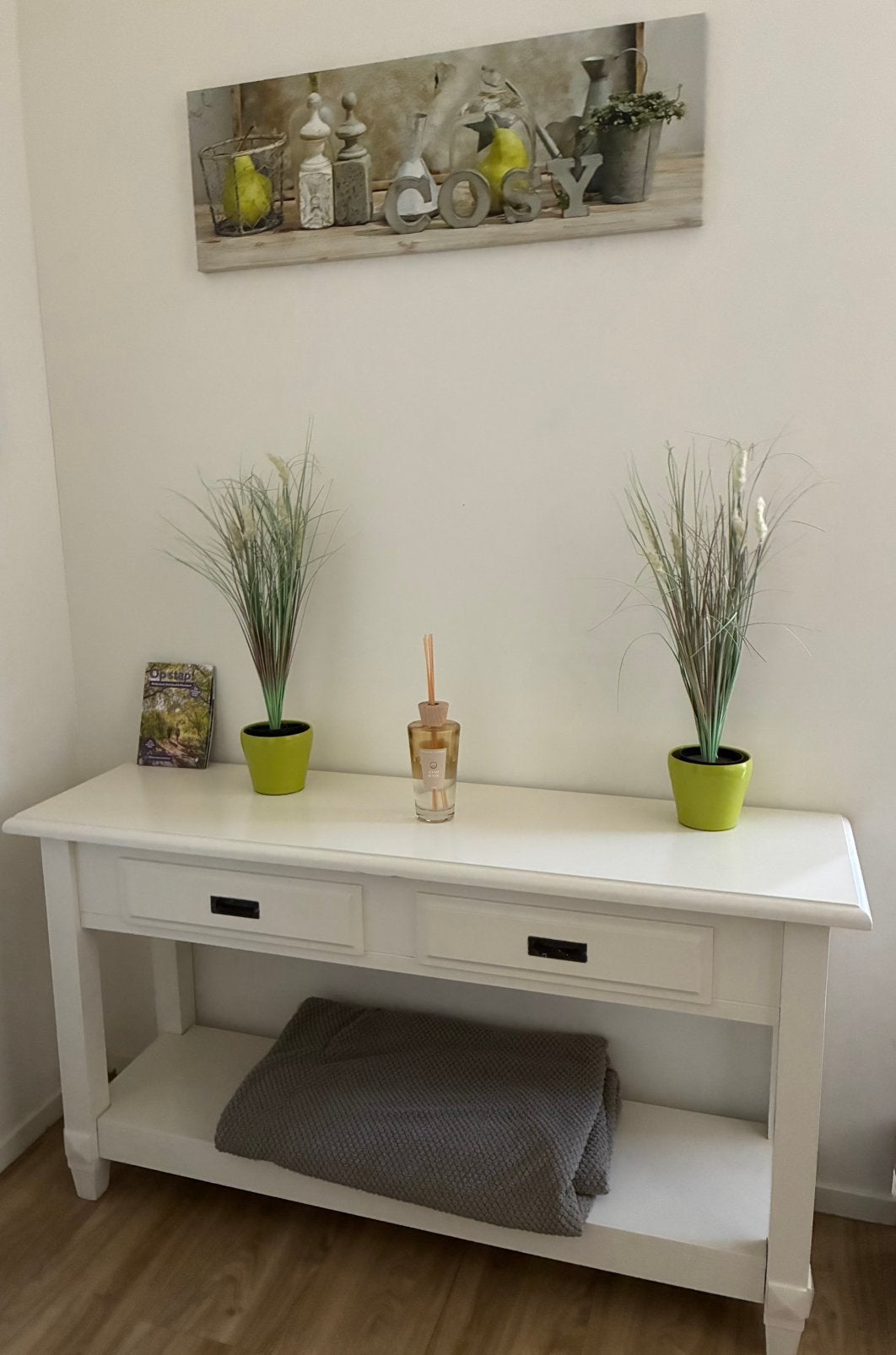 Witte sidetable met lades en opbergplank, Ophalen, 100 tot 150 cm, Zo goed als nieuw, Overige houtsoorten