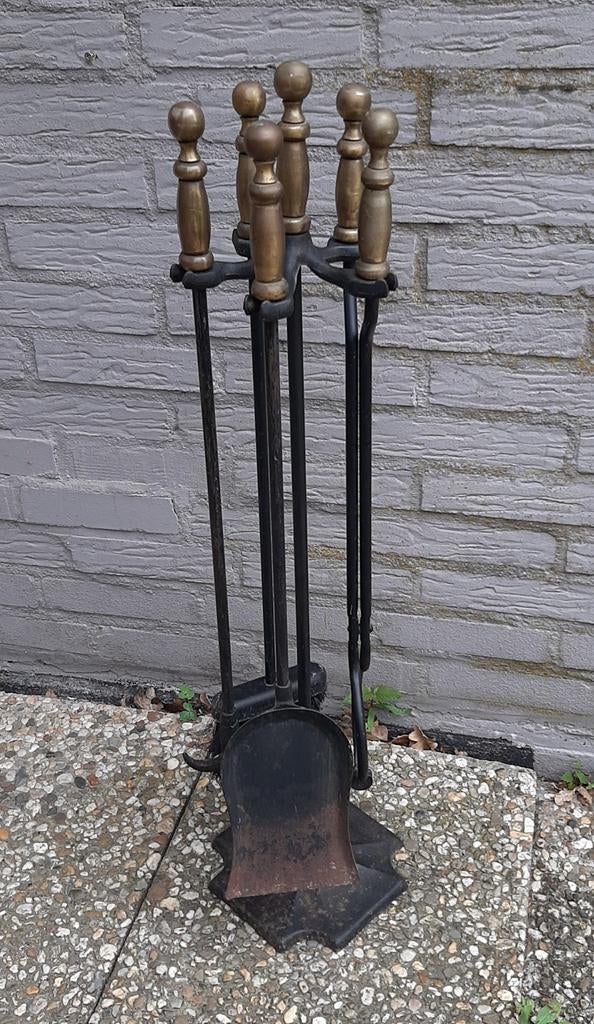 Kachel set, pook, schep, borstel, tang, houder, vintage, Ophalen of Verzenden, Gebruikt, Vrijstaande haard, Houthaard