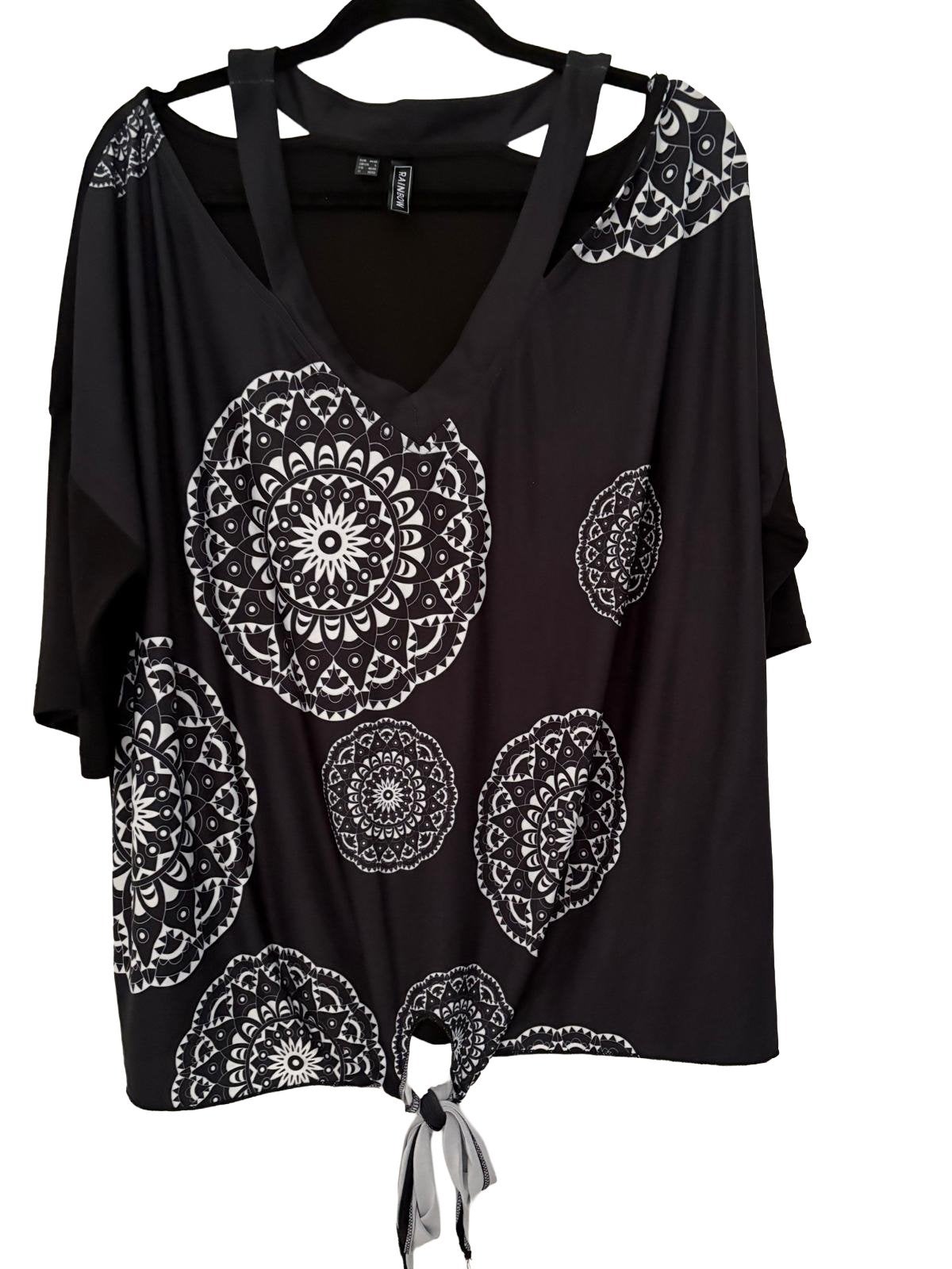 Zwarte top met mandala print en open schouders Raknbow 44, Verzenden, Zwart, Maat 42/44 (L), Zo goed als nieuw