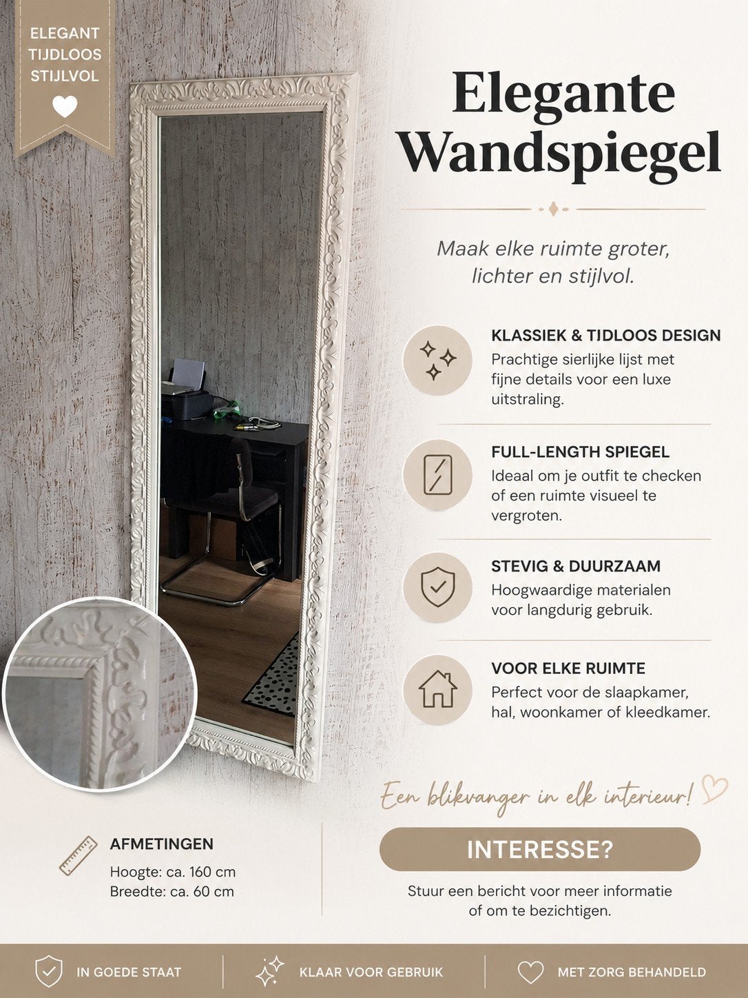 Spiegel 130x45cm, Ophalen, Minder dan 50 cm, Gebruikt, 100 tot 150 cm