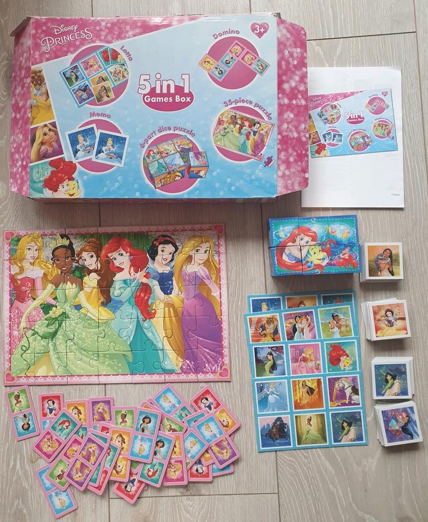 Spellendoos 5 in 1 Disney Princess 3+puzzel, domino memory, Ophalen of Verzenden, Zo goed als nieuw, 2 tot 4 jaar
