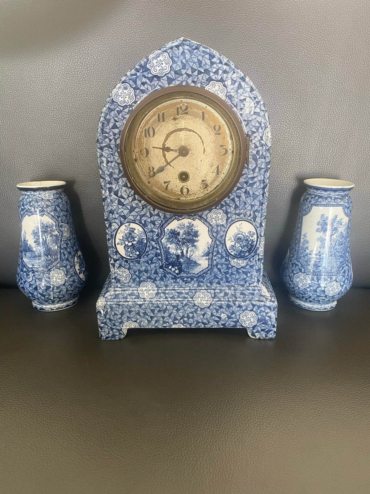 Antieke Delfts blauwe klok met vazen set, Ophalen of Verzenden