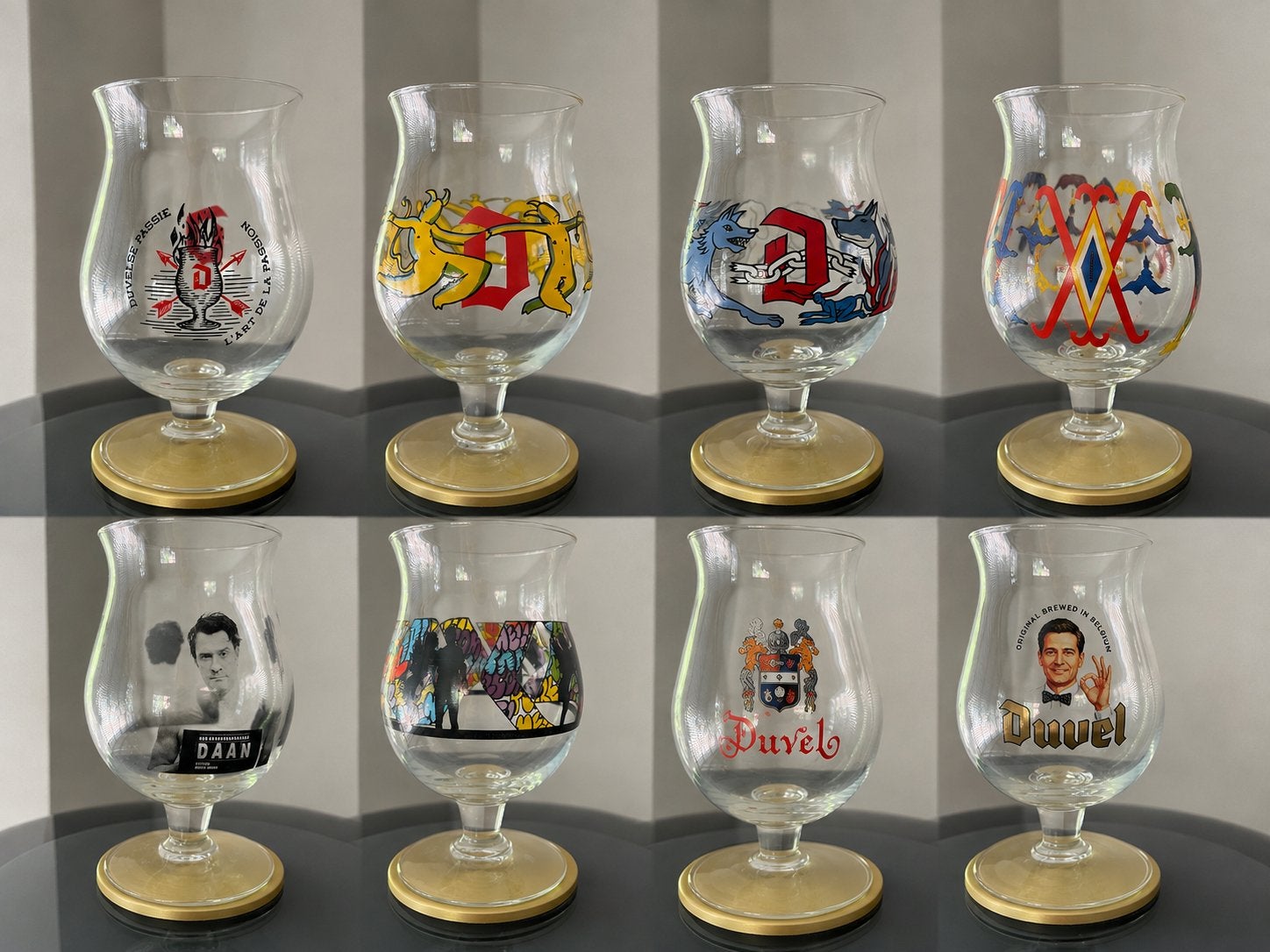 Duvel Collection glazen – 8 stuks – Daan Stuyven, FAKE etc, Verzamelen, Ophalen of Verzenden, Zo goed als nieuw, Glas of Glazen