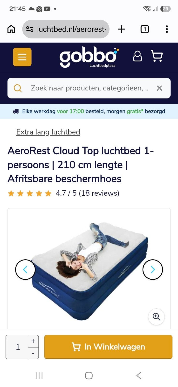 AeroRest Cloud Top 1-persoons luchtbed met beschermhoes, Ophalen of Verzenden, Ingebouwde pomp, Zo goed als nieuw, 1-persoons