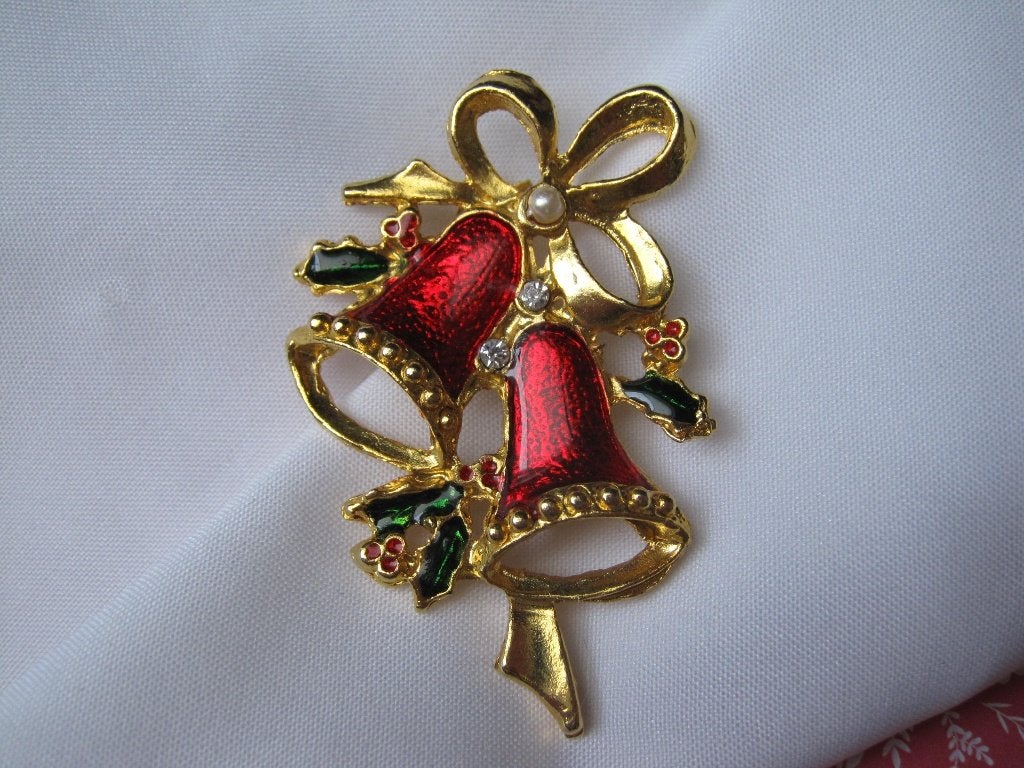 Broche kerstklokken rood groen emaille 5.4x3.6 cm, Verzenden, Zo goed als nieuw