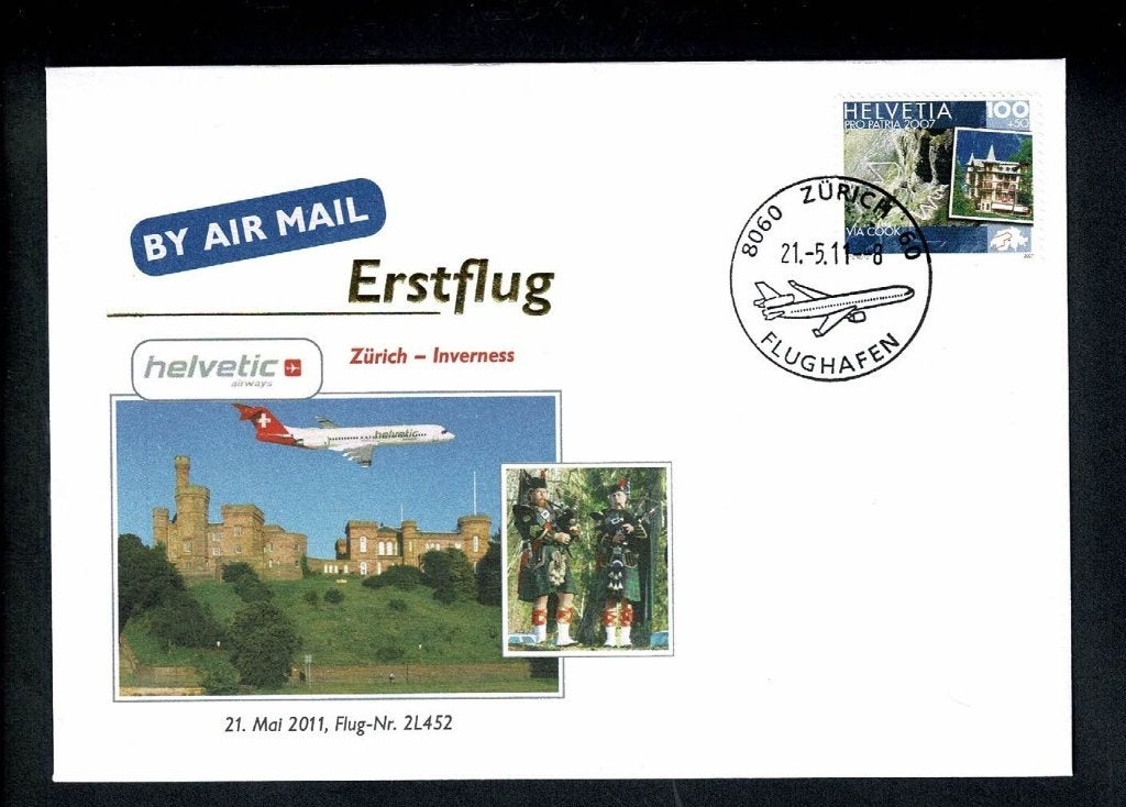 Zwitserland : 1e vlucht helvetic Zürich-Iverness - 2L452, Verzenden, Nieuw, Kaart, Foto of Prent