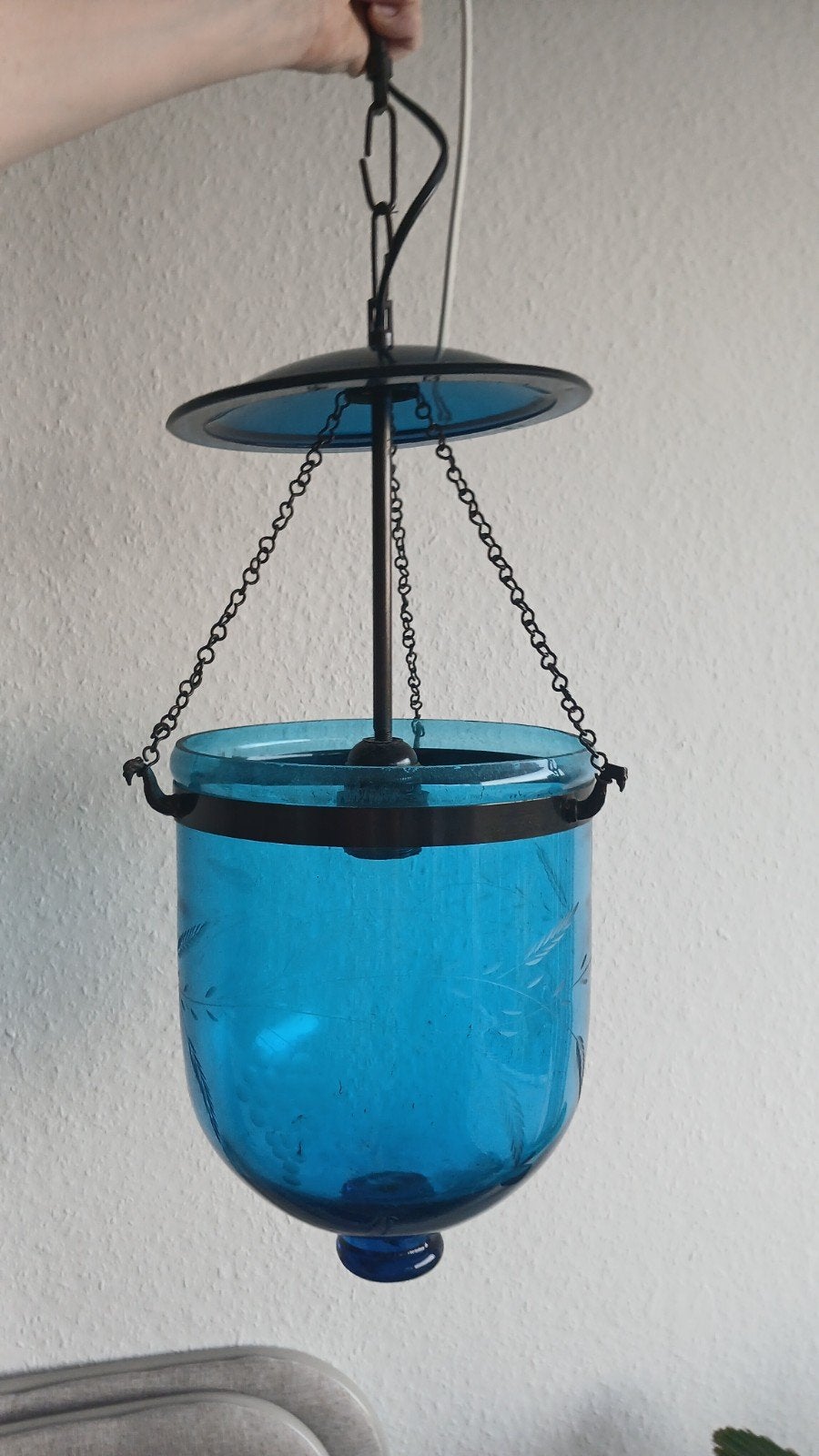 Vintage blauwe hanglampen 2x met gezandstraalt glas, Ophalen