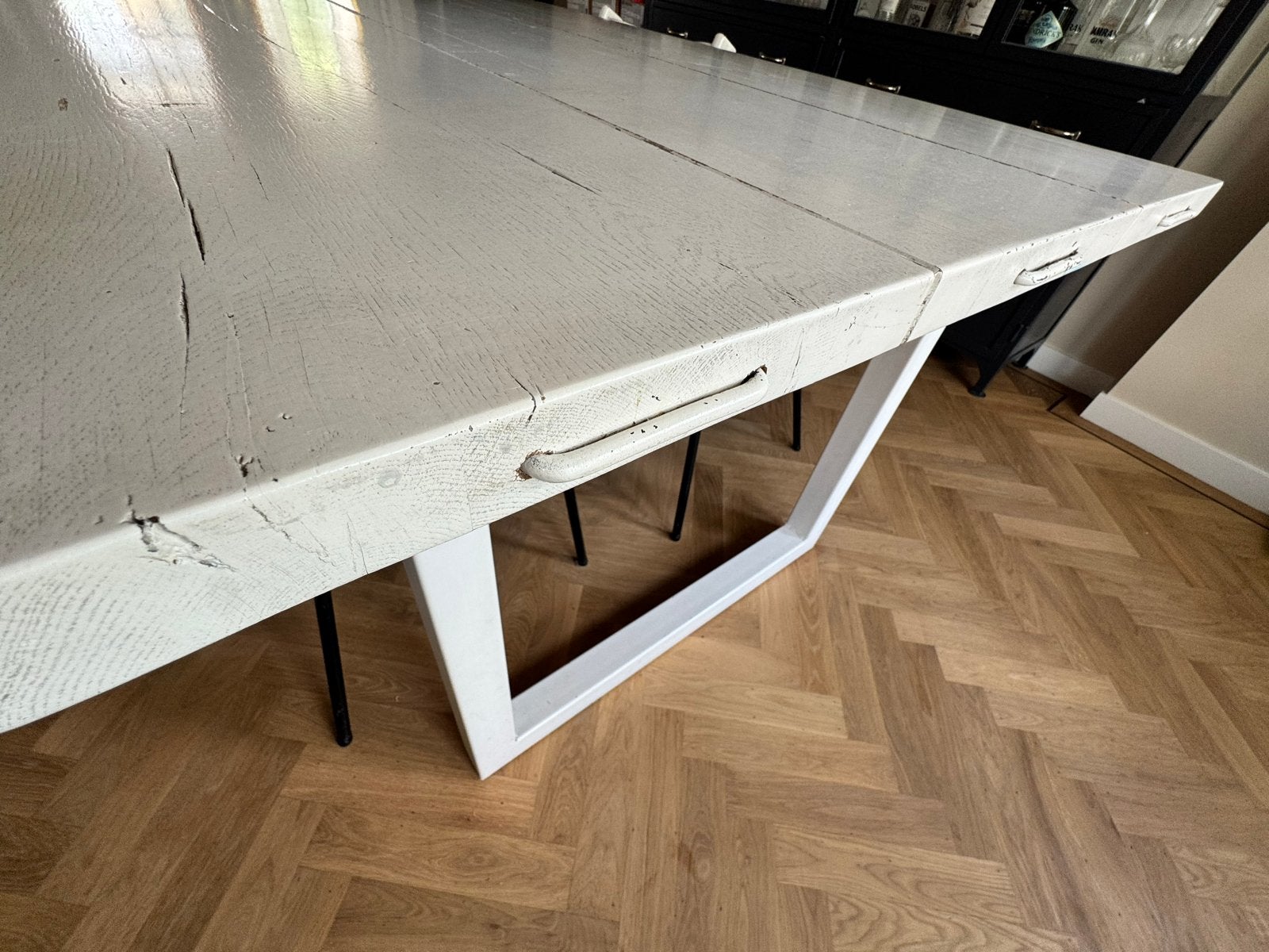 Massieve houten eettafel 100x240 met wit stalen frame, Ophalen, Gebruikt, 100 tot 150 cm, 200 cm of meer