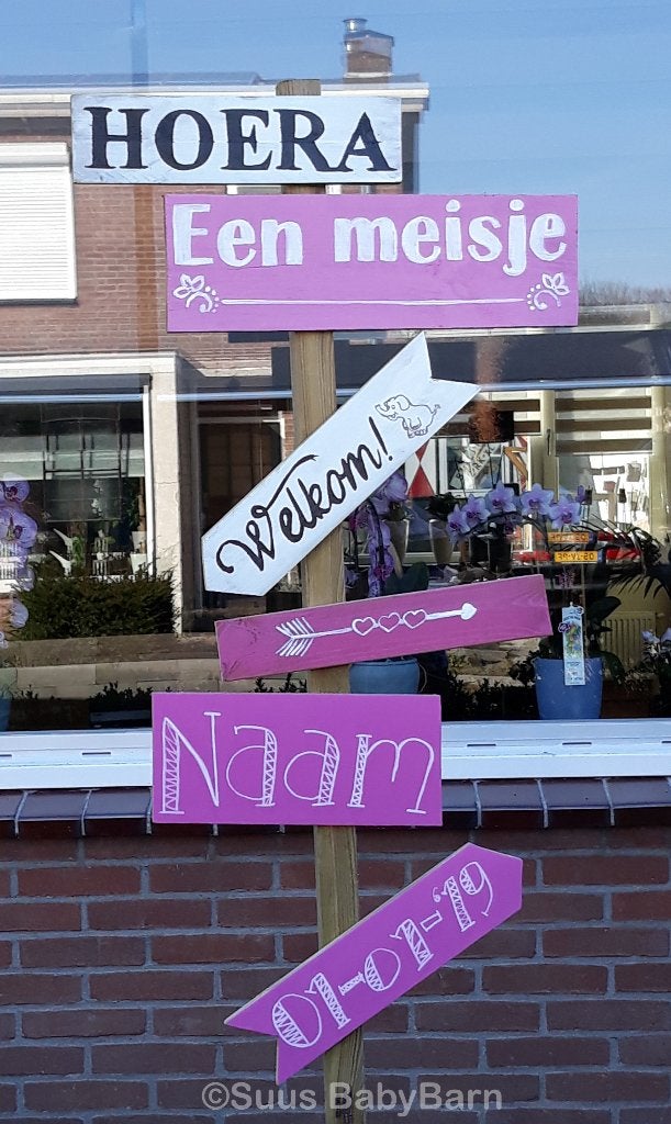 Geboortebord Wegwijzer voor Meisje. 1m80 hoog., Kinderen en Baby's, Ophalen of Verzenden, Zo goed als nieuw, Geboortebord