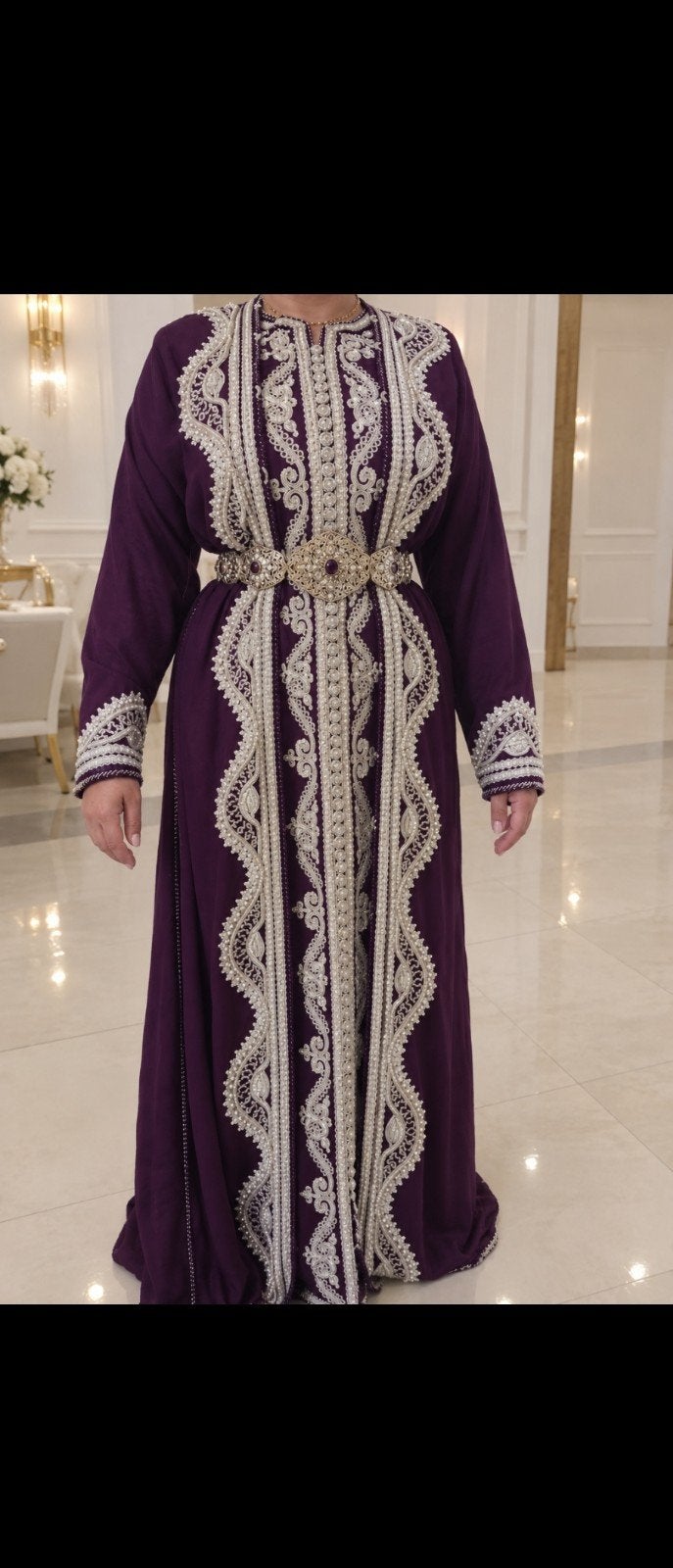 Prachtige paarse kaftan met zilveren borduursels, Overige typen, Paars, Maat 42/44 (L), Ophalen of Verzenden