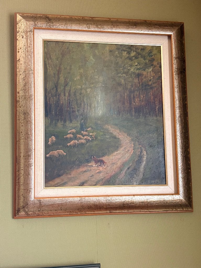 schilderij van Fred Kocks schapenherder en hond 47x53 cm, Ophalen of Verzenden, Realistisch, Bijzondere lijst, Dieren