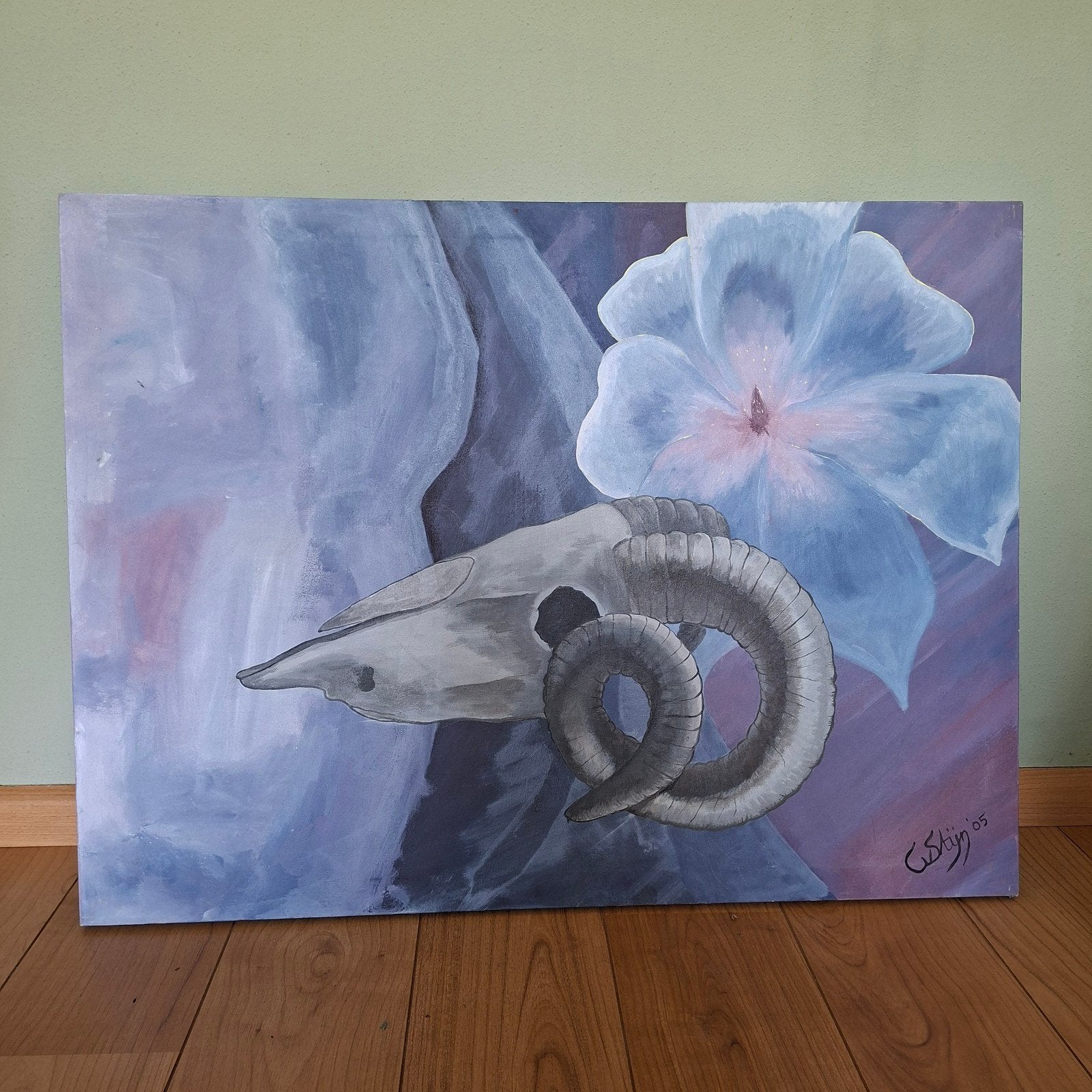 Schilderij schedel met hoorns en bloem, Ophalen of Verzenden