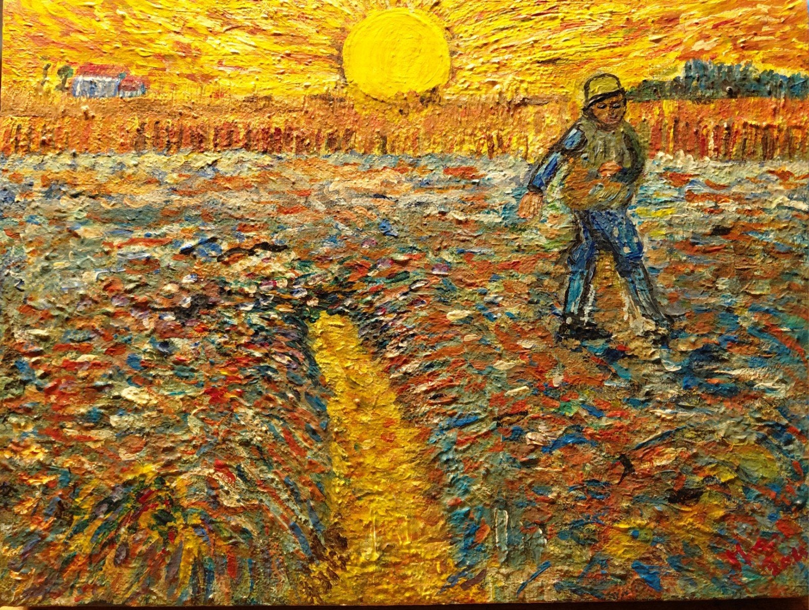 Schilderij de ZAAIJER naar Vincent van Gogh, Ophalen of Verzenden, Nieuw, 50 tot 75 cm, Schilderij