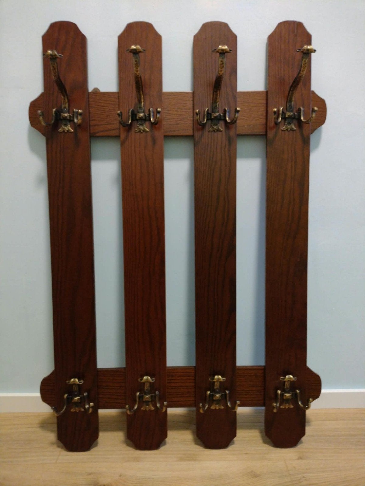 Antieke houten wandkapstok met messing haken, Gebruikt, 100 tot 150 cm, Hout, Ophalen