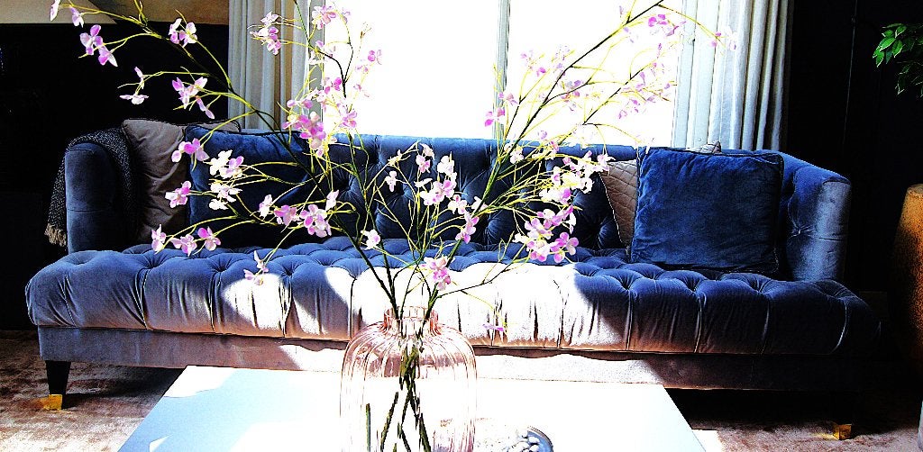 Royale blauwgrijze velours bank gecapitonneerd luxe, Huis en Inrichting, Ophalen, Gebruikt, Rechte bank, Stof