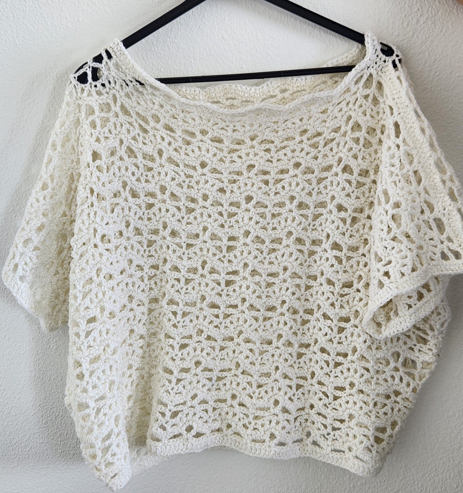 handgemaakte kant blouse, kleur wit met goud glitter, maat L, Wit, Maat 42/44 (L), Ophalen of Verzenden, Merkloos