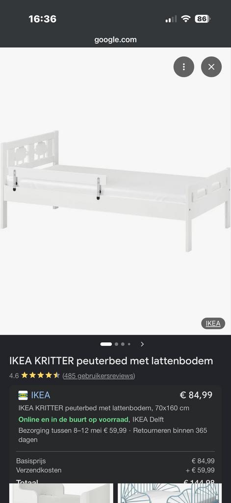IKEA KRITTER peuterbed met lattenbodem (excl. matras), Ophalen, Gebruikt, Wit, 190 cm of minder