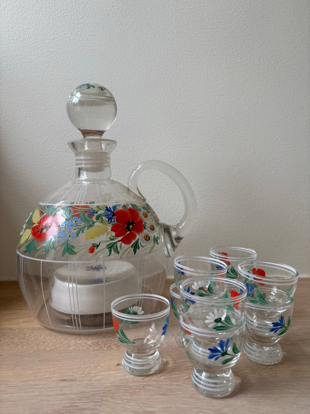 Vintage karaf met muziekdoosje en 9 borrelglaasjes, Antiek en Kunst, Ophalen of Verzenden