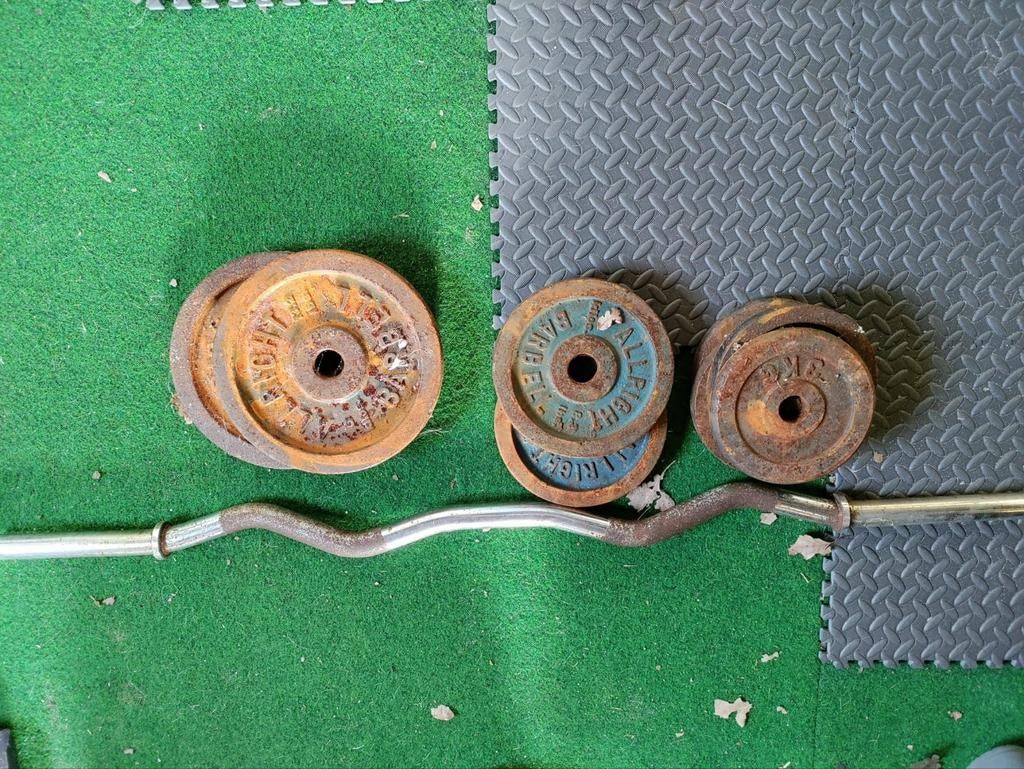 Gebruikte halterstang met gewichten, Ophalen of Verzenden, Gebruikt, Rug, Halterstangen