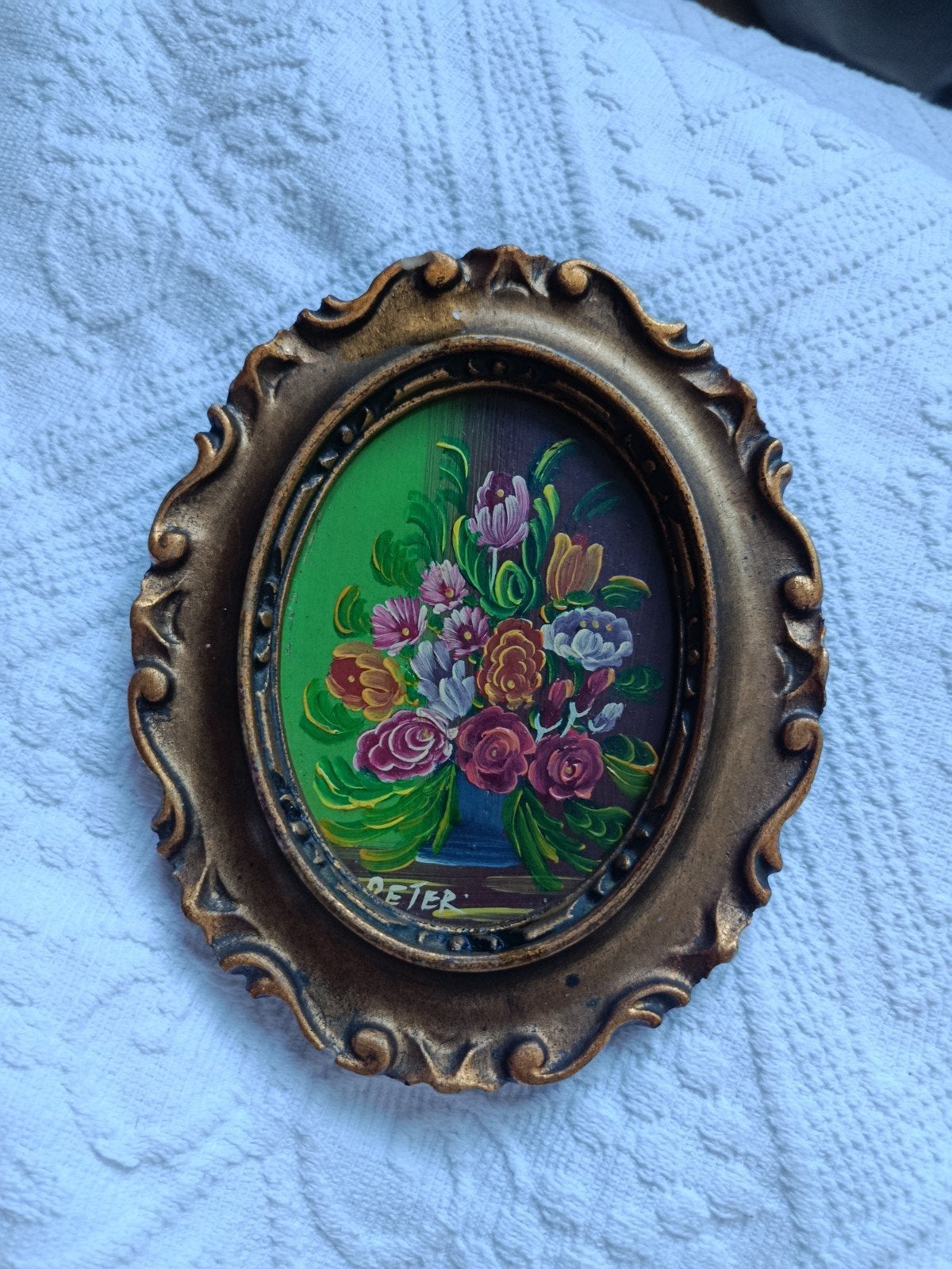 Vintage Ovale Bloemen Schilderij in Gouden Lijst, Ophalen of Verzenden
