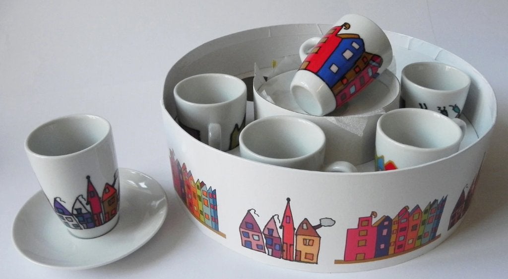6 NIEUW Espresso kop amsterdamse huis Grachtenpandje servies, Nieuw, Ophalen of Verzenden, Overige stijlen, Kop(pen) en/of Schotel(s)