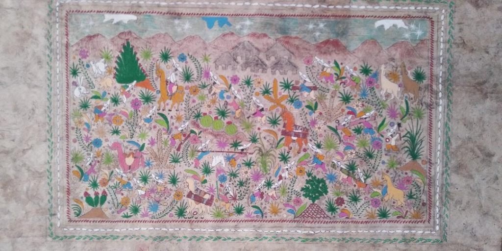 Papel Amate - geschilderd op boomschors ( Mexico), Antiek en Kunst, Schilderij, Mexico, 38 cm, Ophalen of Verzenden