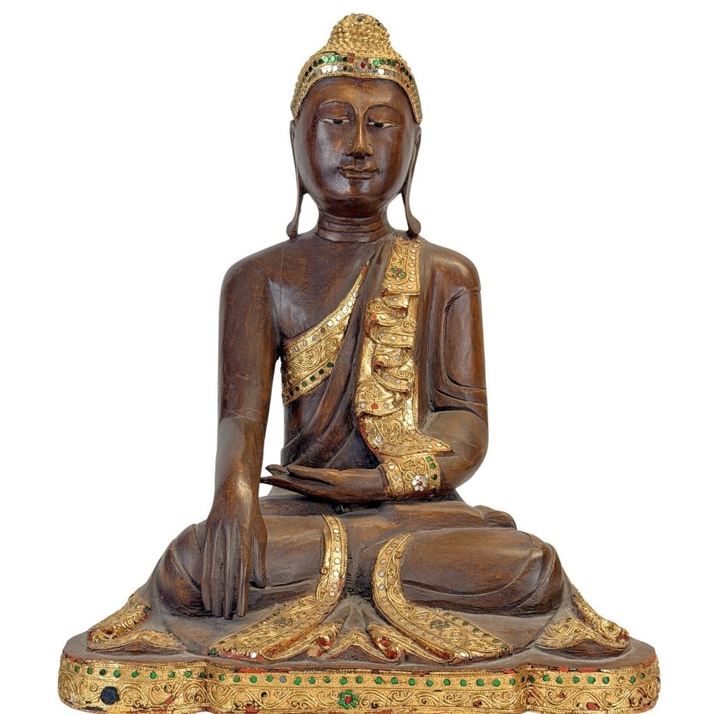 Mandalay Boeddha – Birma, verguld hout – glasinleg – 50 cm