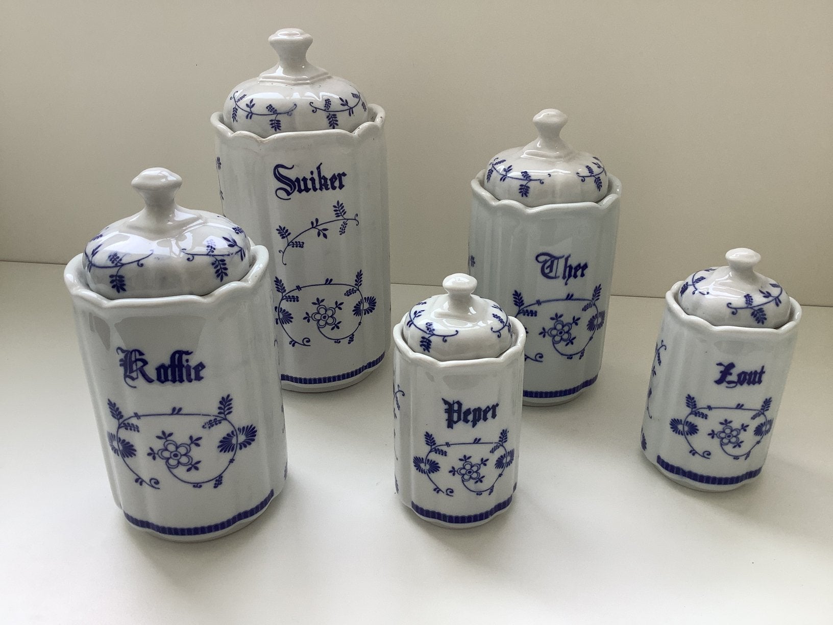 Vintage TC porseleinen voorraadpotten 5- delig kobalt/wit!!, Antiek en Kunst, Antiek | Porselein, Ophalen