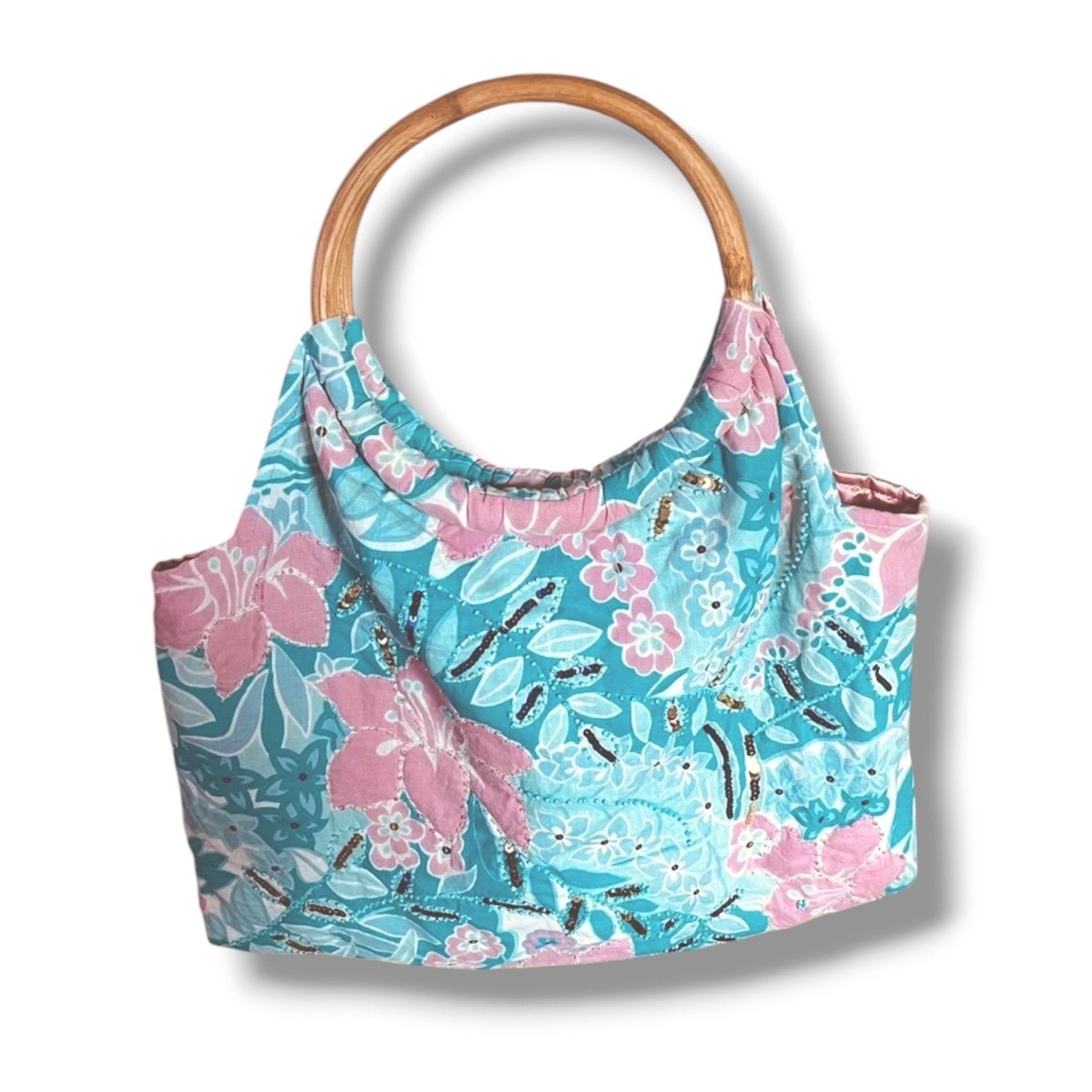 Vintage handtas met bloemenprint en houten handvat, Ophalen of Verzenden, Gebruikt, Blauw, Handtas