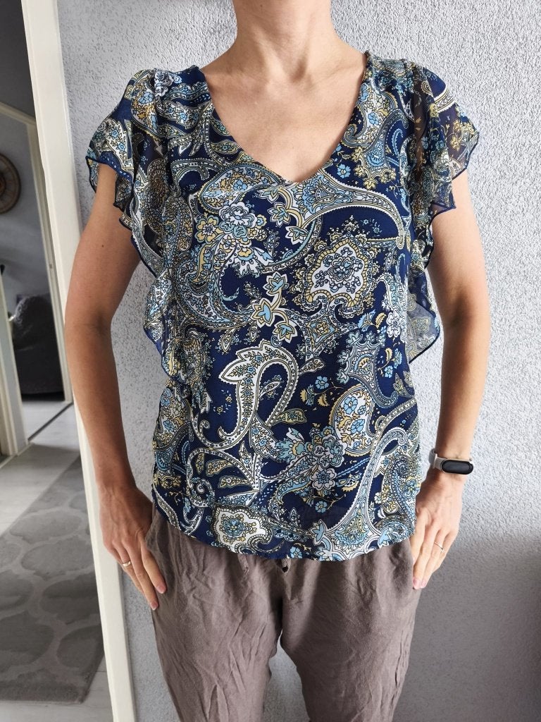 Orsay zomerse blauwe ibiza blouse vlindermouwen XS-S/34-36, Zo goed als nieuw, Orsay, Korte mouw, Maat 34 (XS) of kleiner
