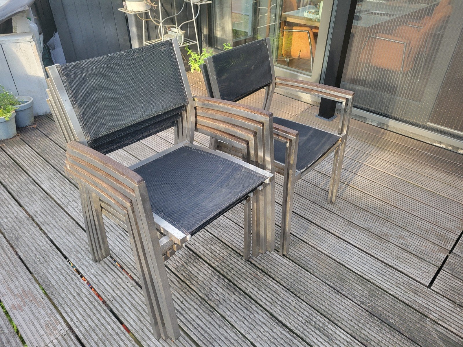 6 Eetkamerstoelen stapelbaar met textileen zitting, Ophalen, Gebruikt, 6 zitplaatsen, Aluminium