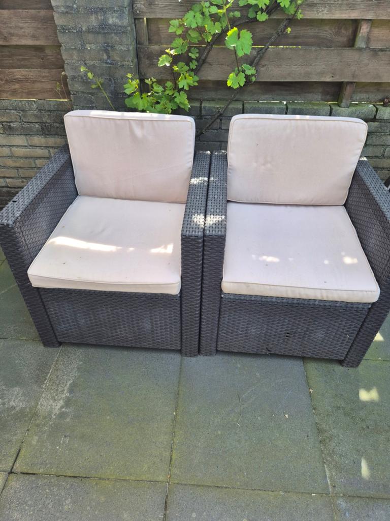 Tuinstoelen met kussens - Allibert, prijs is voor beide, Tuin en Terras, Tuinstoelen, Ophalen of Verzenden, Gebruikt, Wicker